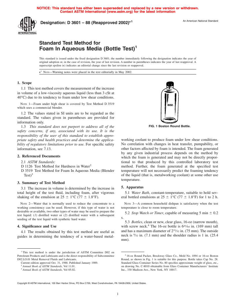 ASTM D3601-88(2002)e1 - Standard Test Method for Foam In Aqueous Media (Bottle Test)