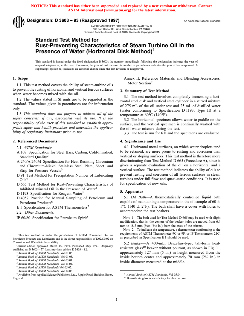 ASTM D3603-93(1997) - Standard Test Method for Rust-Preventing Characteristics of Steam Turbine Oil in the Presence of Water (Horizontal Disk Method)