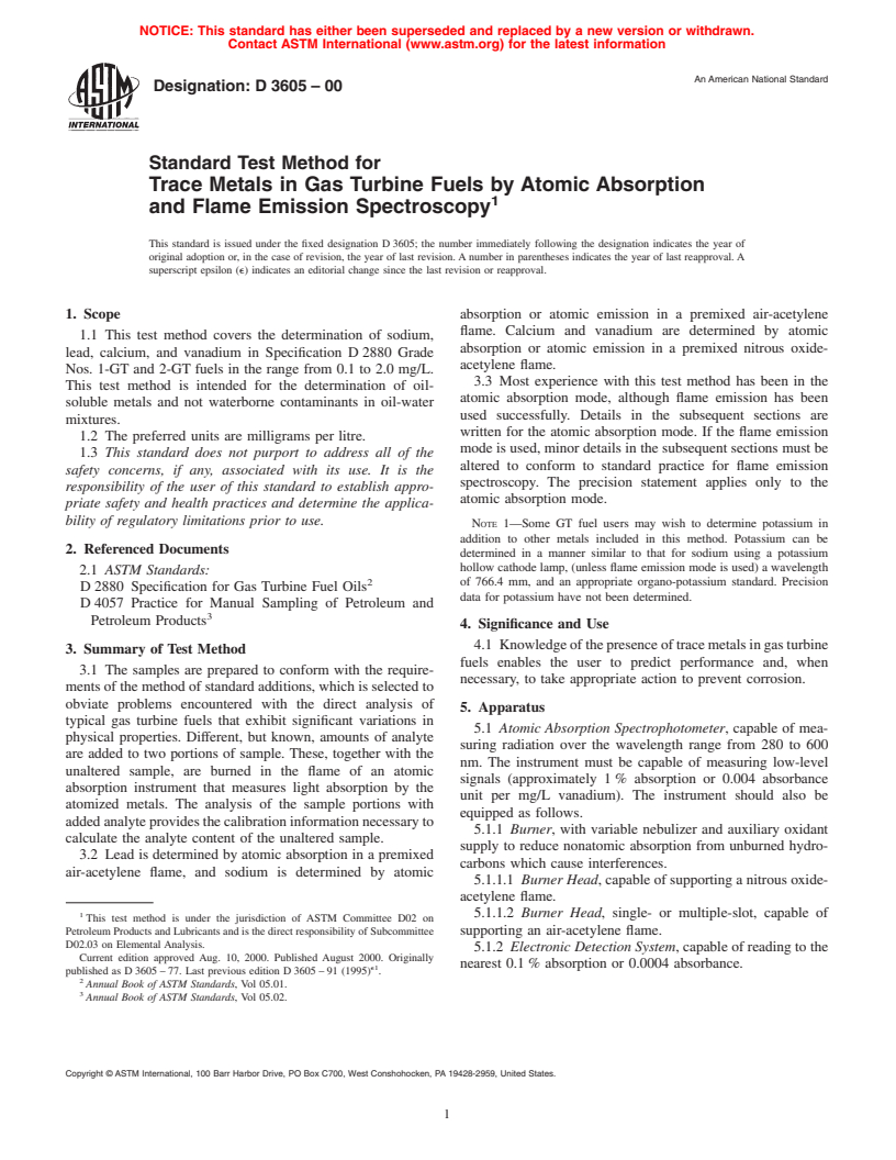 ASTM D3605-00 - Standard Test Method for Trace Metals in Gas Turbine Fuels by Atomic Absorption and Flame Emission Spectroscopy