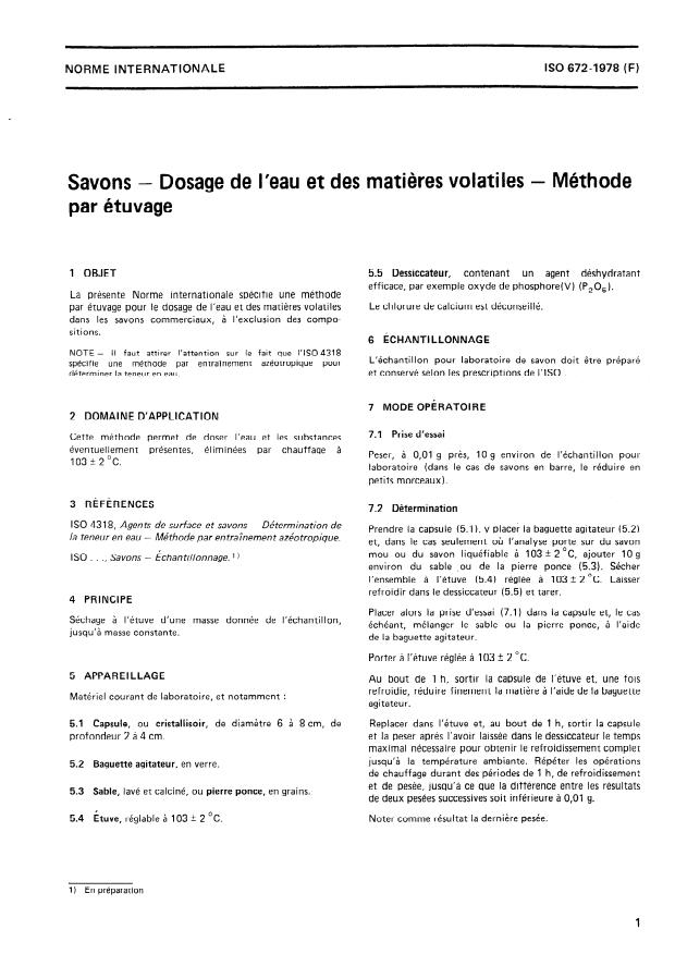 ISO 672:1978 - Savons -- Dosage de l'eau et des matieres volatiles -- Méthode par étuvage