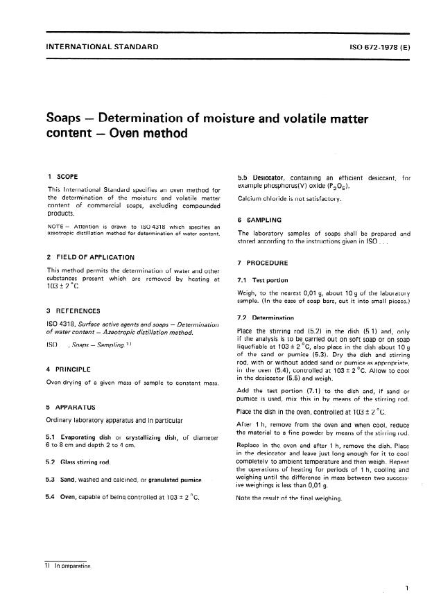 ISO 672:1978 - Soaps -- Determination of moisture and volatile matter content -- Oven method
