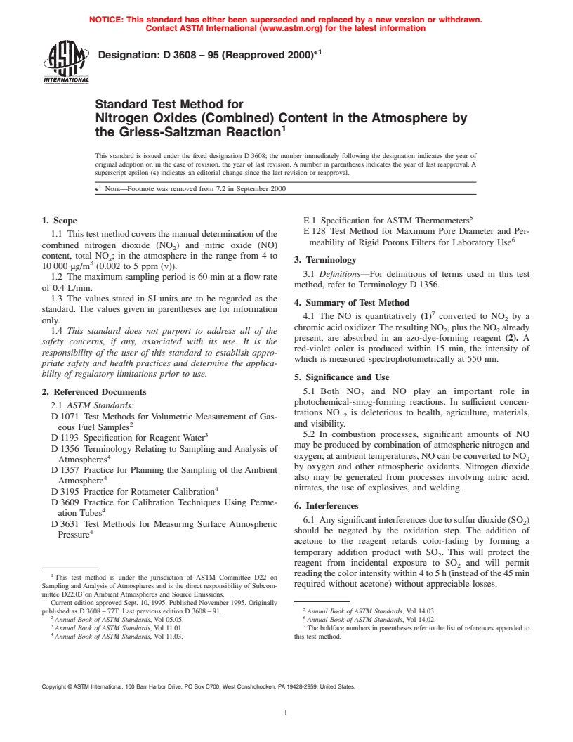 ASTM D3608-95(2000)e1 - Standard Test Method for Nitrogen Oxides (Combined) Content in the Atmosphere by the Griess-Saltzman Reaction