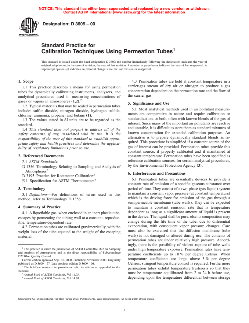 ASTM D3609-00 - Standard Practice for Calibration Techniques Using Permeation Tubes