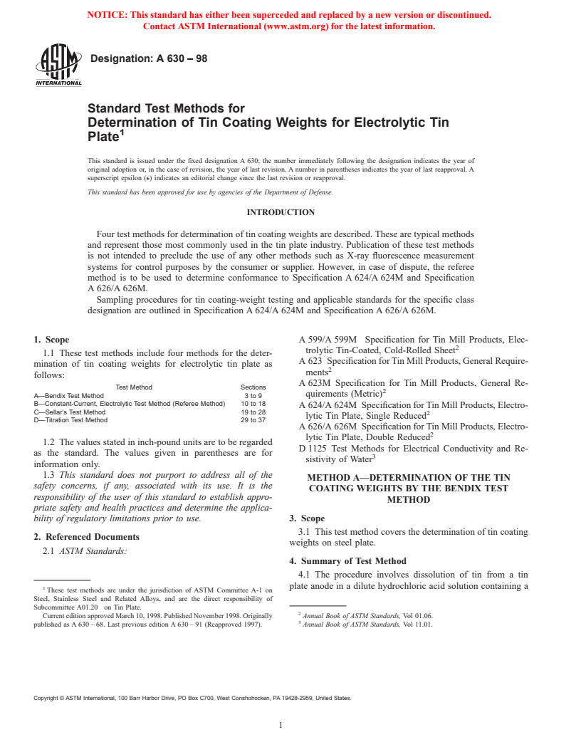 ASTM A630-98 - Standard Test Methods for Determination of Tin Coating Weights for Electrolytic Tin Plate