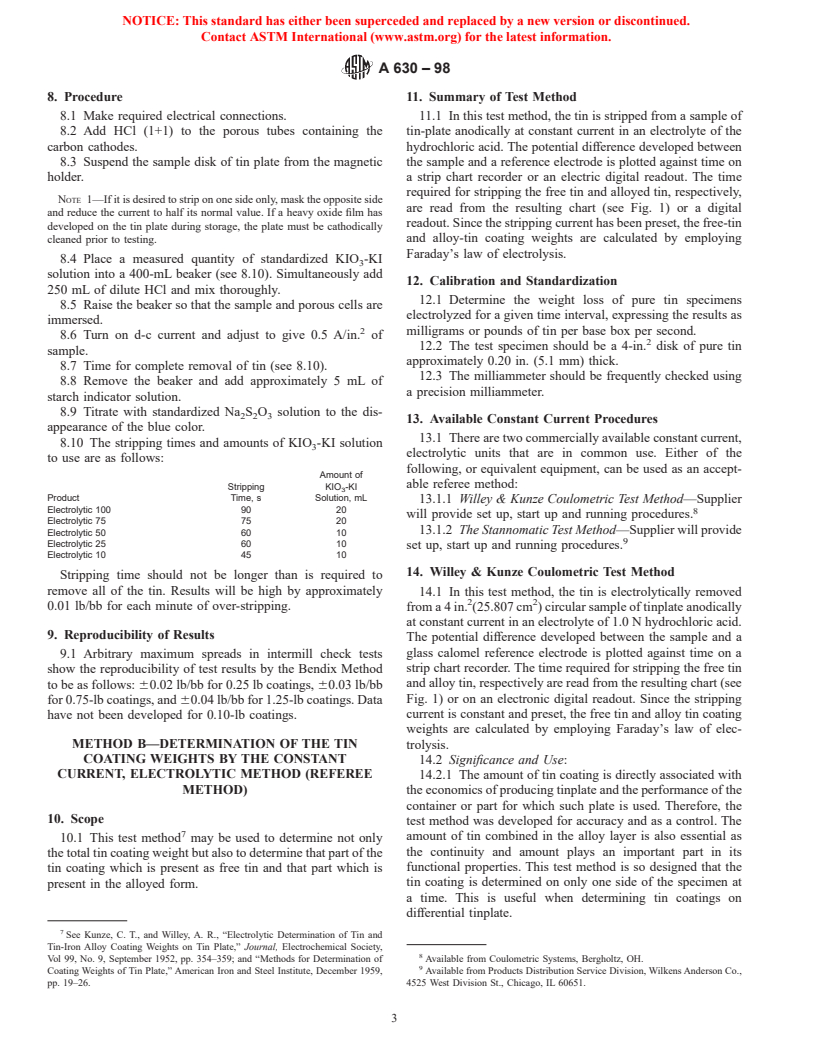 ASTM A630-98 - Standard Test Methods for Determination of Tin Coating Weights for Electrolytic Tin Plate