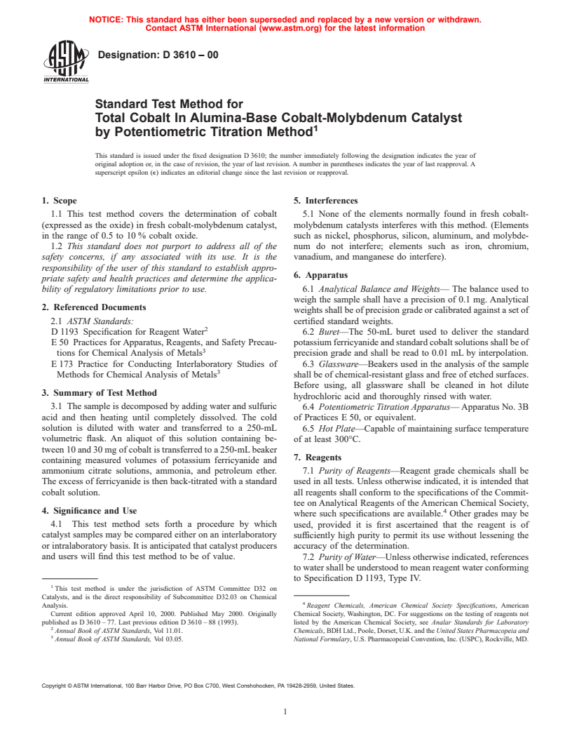 ASTM D3610-00 - Standard Test Method for Total Cobalt In Alumina-Base Cobalt-Molybdenum Catalyst by Potentiometric Titration Method