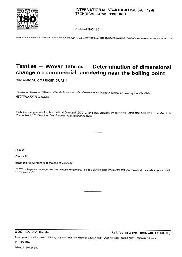 ISO 675:1979 - Textiles -- Woven fabrics -- Determination of dimensional change on commercial laundering near the boiling point