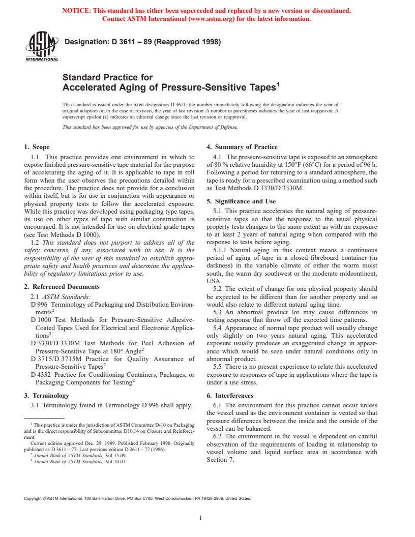 ASTM D3611-89(1998) - Standard Practice for Accelerated Aging of Pressure-Sensitive Tapes