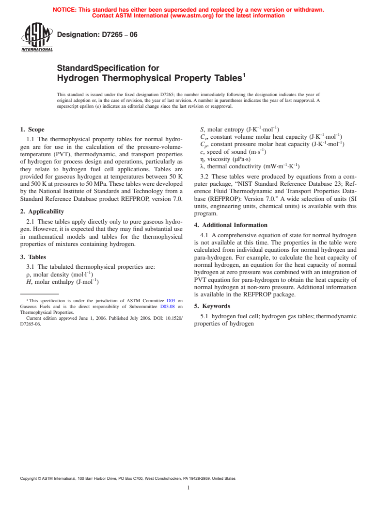 ASTM D7265-06 - Standard Specification for Hydrogen Thermophysical Property Tables