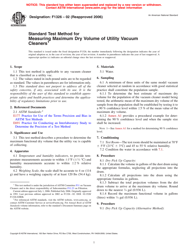 ASTM F1326-02(2006) - Standard Test Method for Measuring Maximum Dry Volume of Utility Vacuum Cleaners