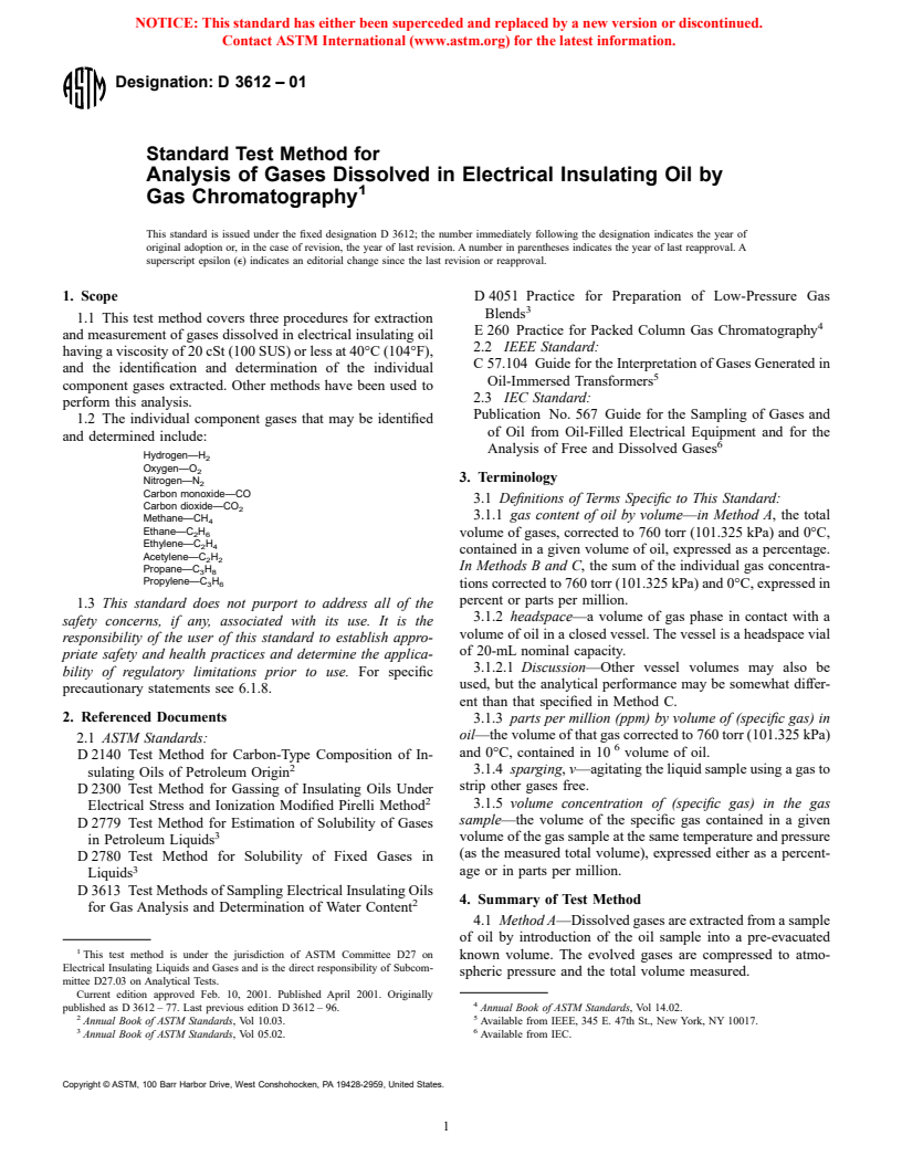 ASTM D3612-01 - Standard Test Method for Analysis of Gases Dissolved in Electrical Insulating Oil by Gas Chromatography