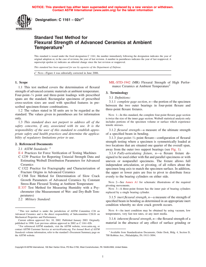 ASTM C1161-02ce1 - Standard Test Method for Flexural Strength of Advanced Ceramics at Ambient Temperature