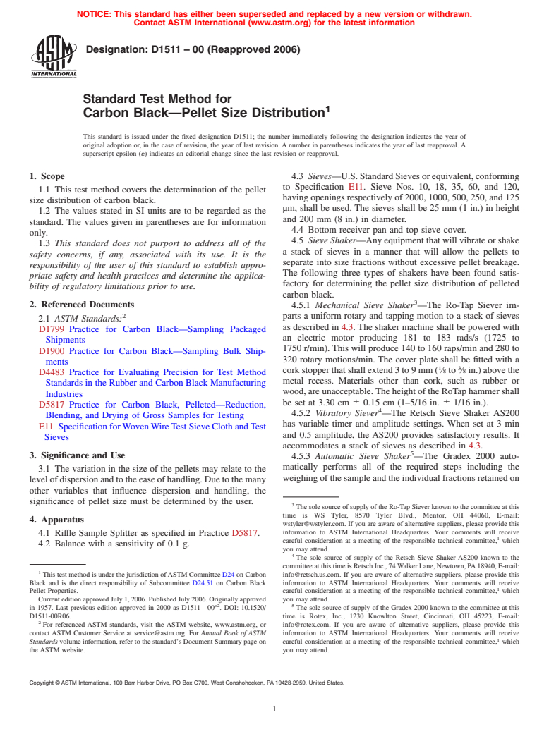 ASTM D1511-00(2006) - Standard Test Method for Carbon Black&#8212;Pellet Size Distribution