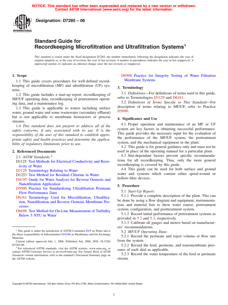 ASTM D7285-06 - Standard Guide for Recordkeeping Microfiltration and Ultrafiltration Systems