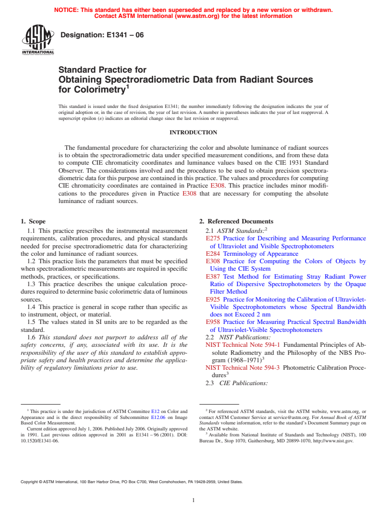 ASTM E1341-06 - Standard Practice for Obtaining Spectroradiometric Data from Radiant Sources for Colorimetry