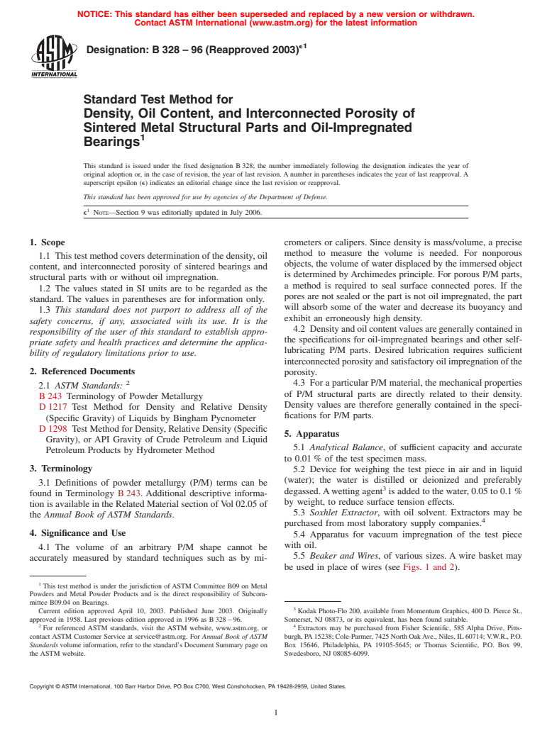 ASTM B328-96(2003)e1 - Standard Test Method for Density, Oil Content, and Interconnected Porosity of Sintered Metal Structural Parts and Oil-Impregnated Bearings (Withdrawn 2009)