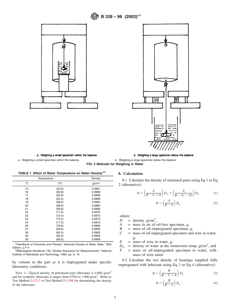 ASTM B328-96(2003)e1 - Standard Test Method for Density, Oil Content, and Interconnected Porosity of Sintered Metal Structural Parts and Oil-Impregnated Bearings (Withdrawn 2009)