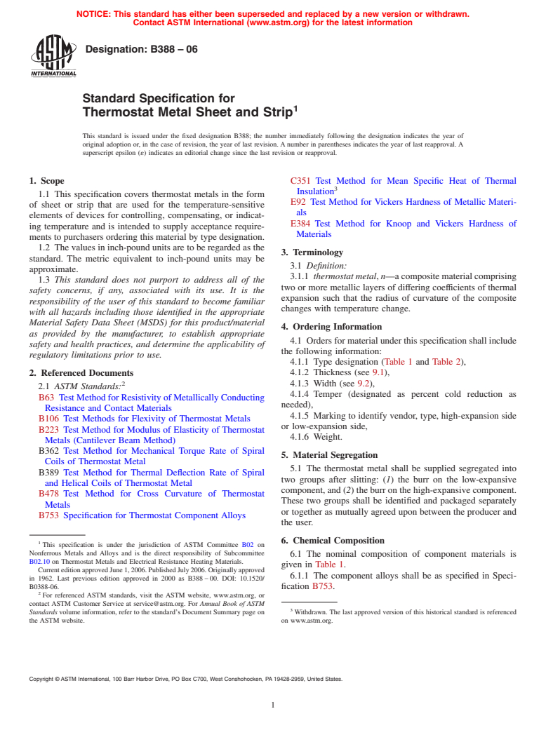 ASTM B388-06 - Standard Specification for Thermostat Metal Sheet and Strip