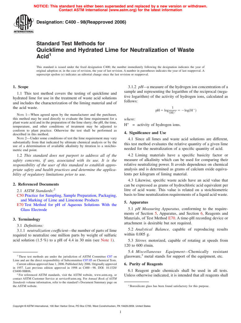 ASTM C400-98(2006) - Standard Test Methods for Quicklime and Hydrated Lime for Neutralization of Waste Acid