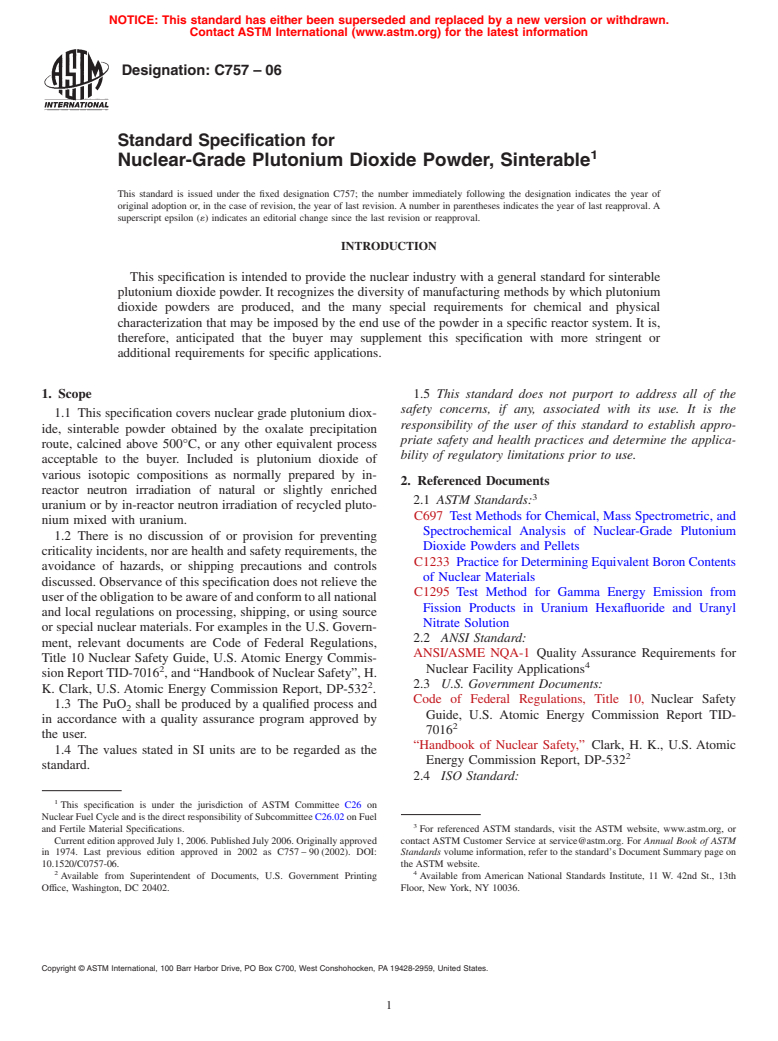 ASTM C757-06 - Standard Specification for Nuclear-Grade Plutonium Dioxide Powder, Sinterable