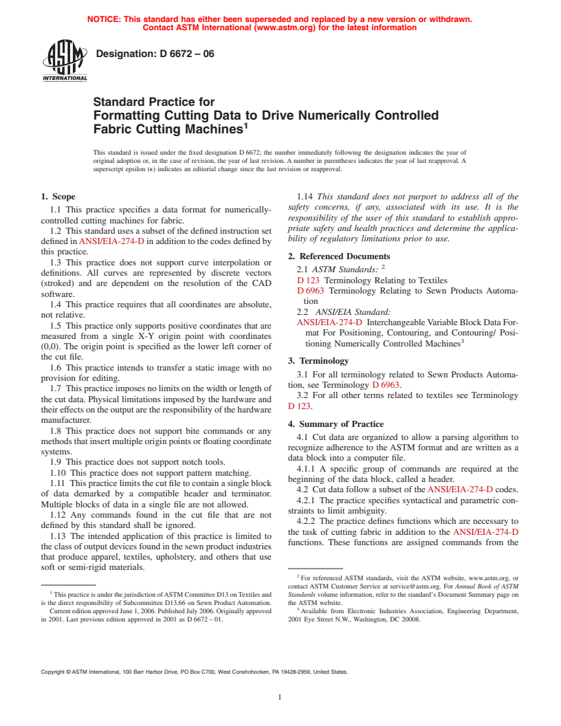 ASTM D6672-06 - Standard Practice for Formatting Cutting Data to Drive Numerically Controlled Fabric Cutting Machines