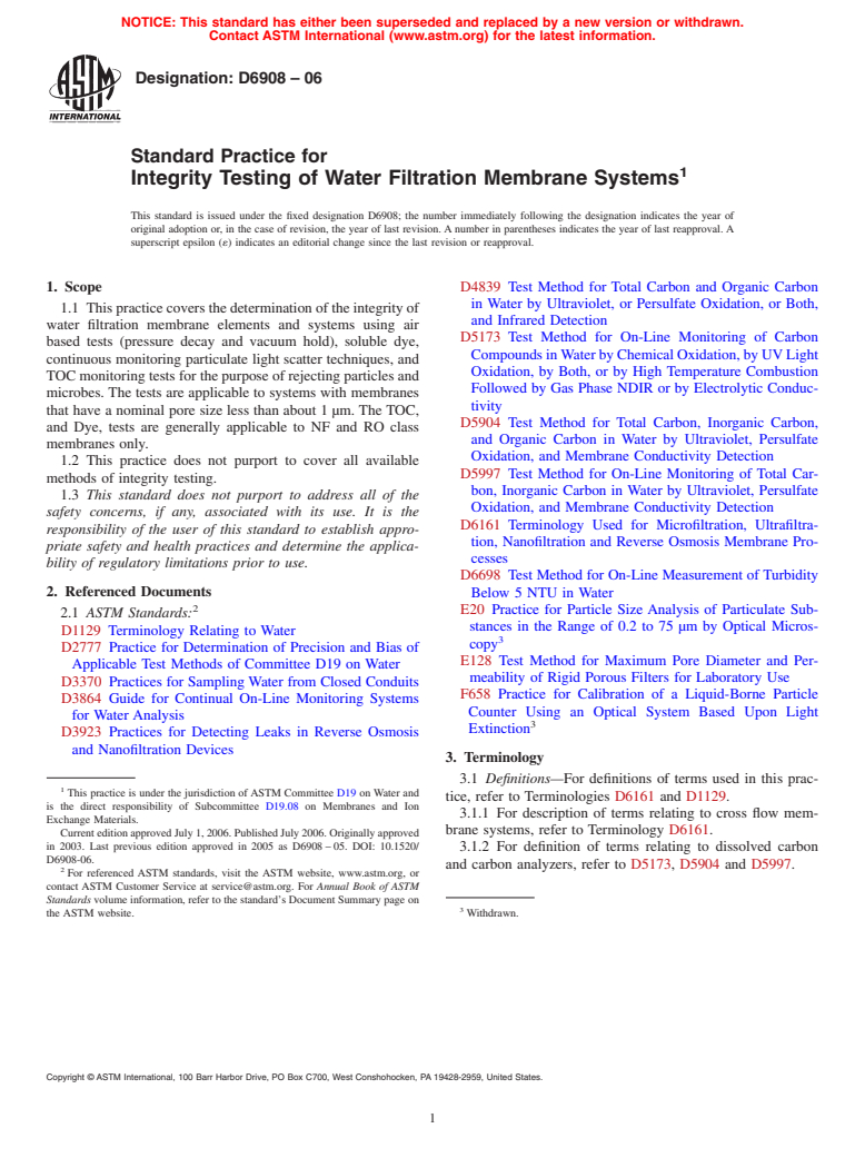 ASTM D6908-06 - Standard Practice for Integrity Testing of Water Filtration Membrane Systems