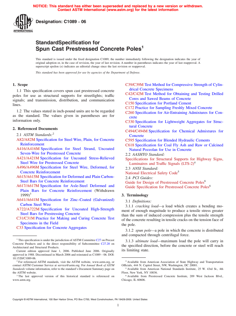 ASTM C1089-06 - Standard Specification for Spun Cast Prestressed Concrete Poles