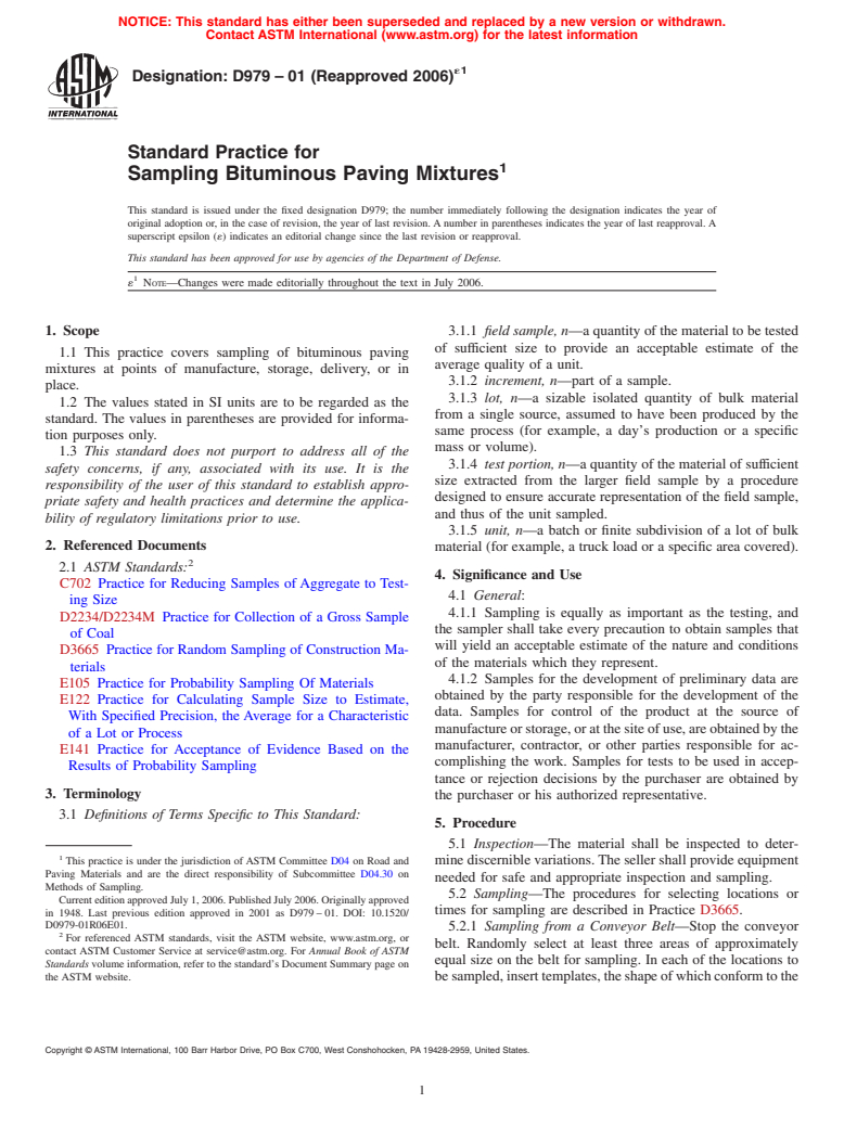 ASTM D979-01(2006)e1 - Standard Practice for Sampling Bituminous Paving Mixtures