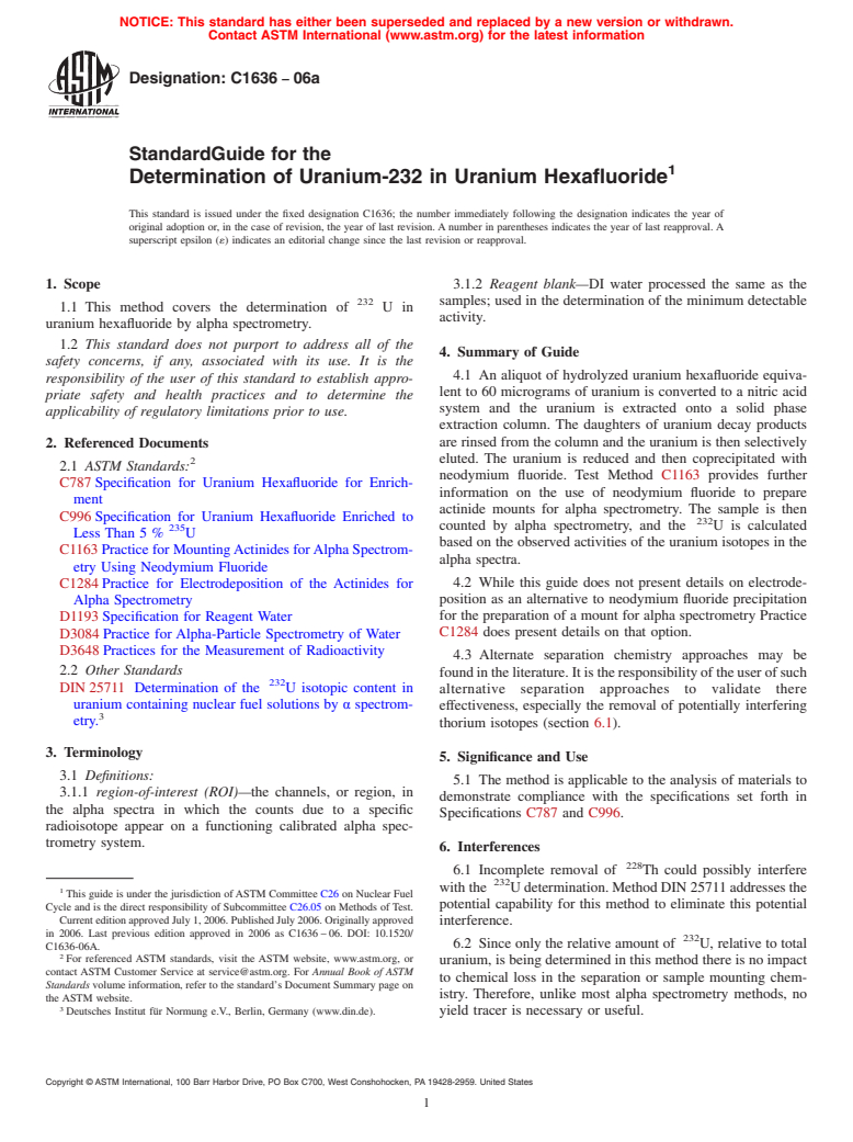 ASTM C1636-06a - Standard Guide for the Determination of Uranium-232 in Uranium Hexafluoride