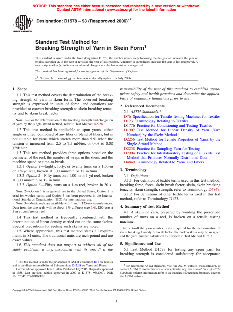 ASTM D1578-93(2006)e1 - Standard Test Method for Breaking Strength of Yarn in Skein Form