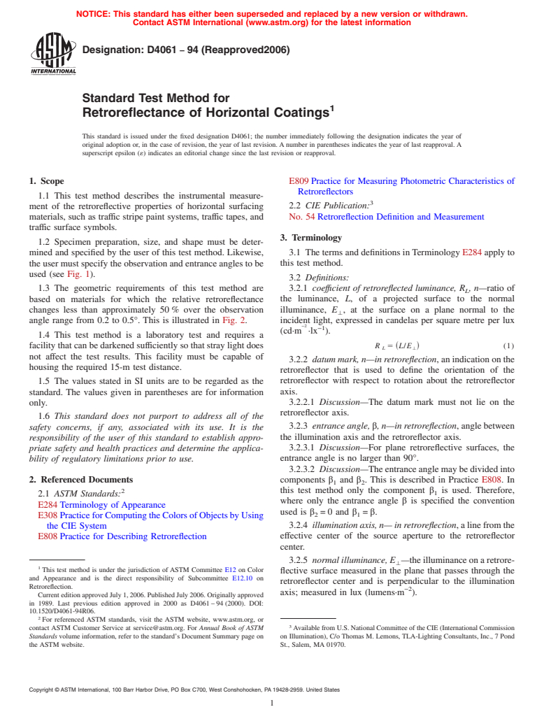 ASTM D4061-94(2006) - Standard Test Method for Retroreflectance of Horizontal Coatings