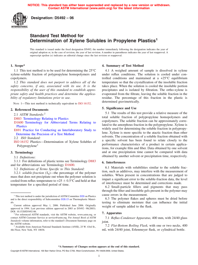 ASTM D5492-06 - Standard Test Method for Determination of Xylene Solubles in Propylene Plastics