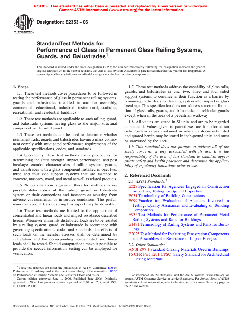 ASTM E2353-06 - Standard Test Methods for Performance of Glass in Permanent Glass Railing Systems, Guards, and Balustrades