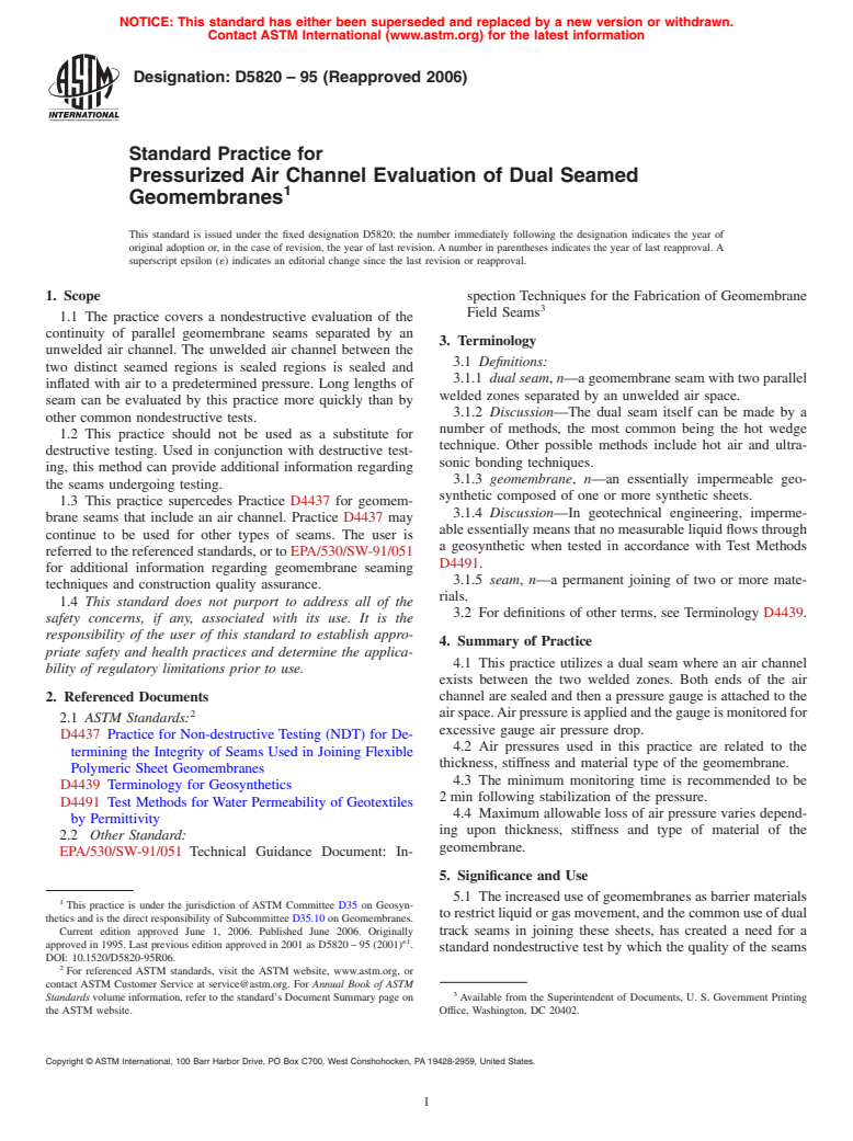 ASTM D5820-95(2006) - Standard Practice for Pressurized Air Channel Evaluation of Dual Seamed Geomembranes