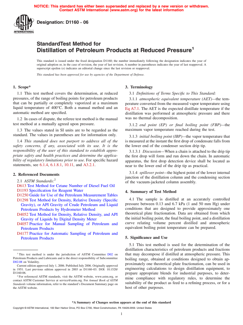 ASTM D1160-06 - Standard Test Method for Distillation of Petroleum Products at Reduced Pressure