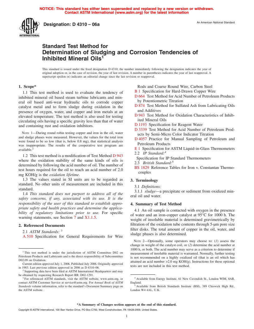 ASTM D4310-06a - Standard Test Method for Determination of Sludging and Corrosion Tendencies of Inhibited Mineral Oils