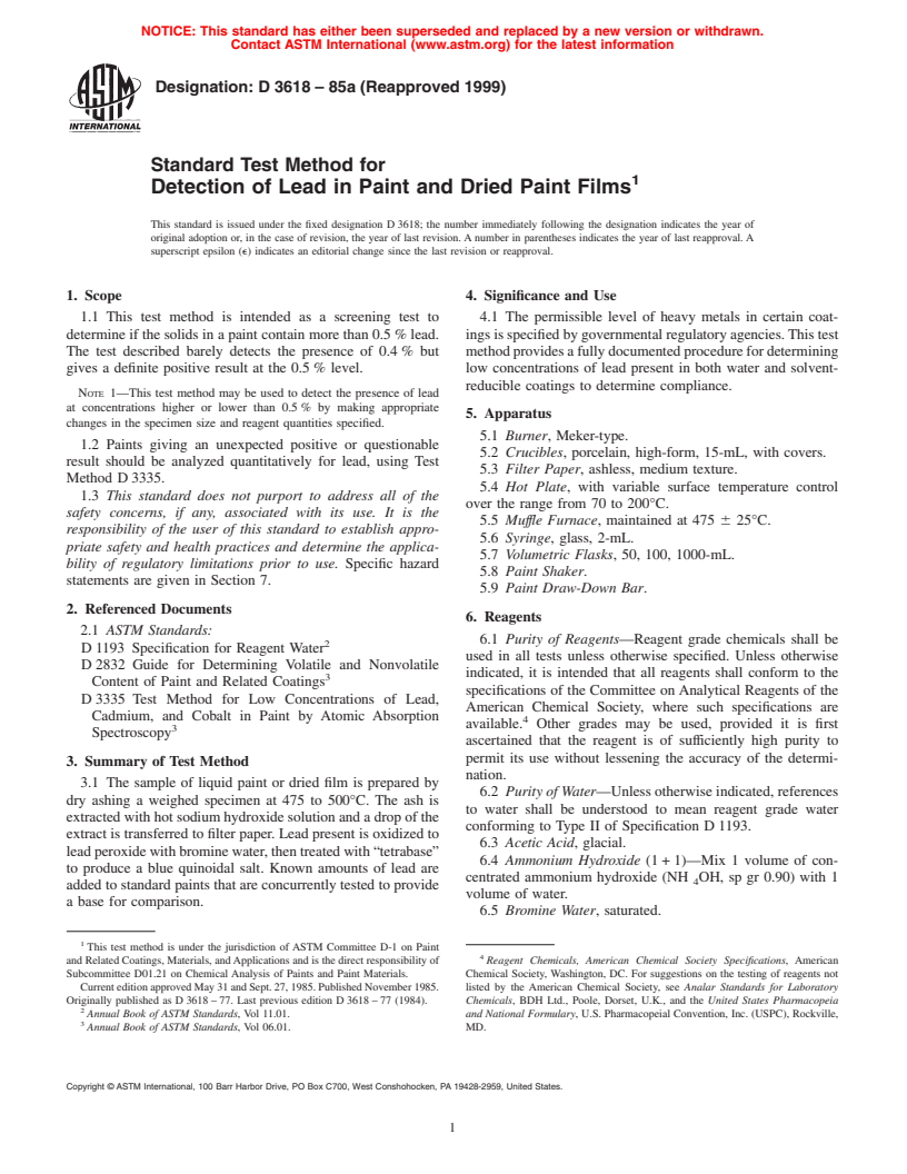 ASTM D3618-85a(1999) - Standard Test Method for Detection of Lead in Paint and Dried Paint Films