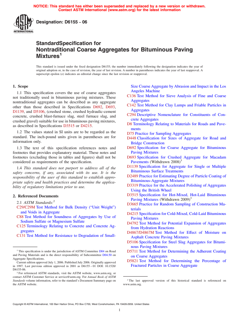 ASTM D6155-06 - Standard Specification for Nontraditional Coarse Aggregates for Bituminous Paving Mixtures