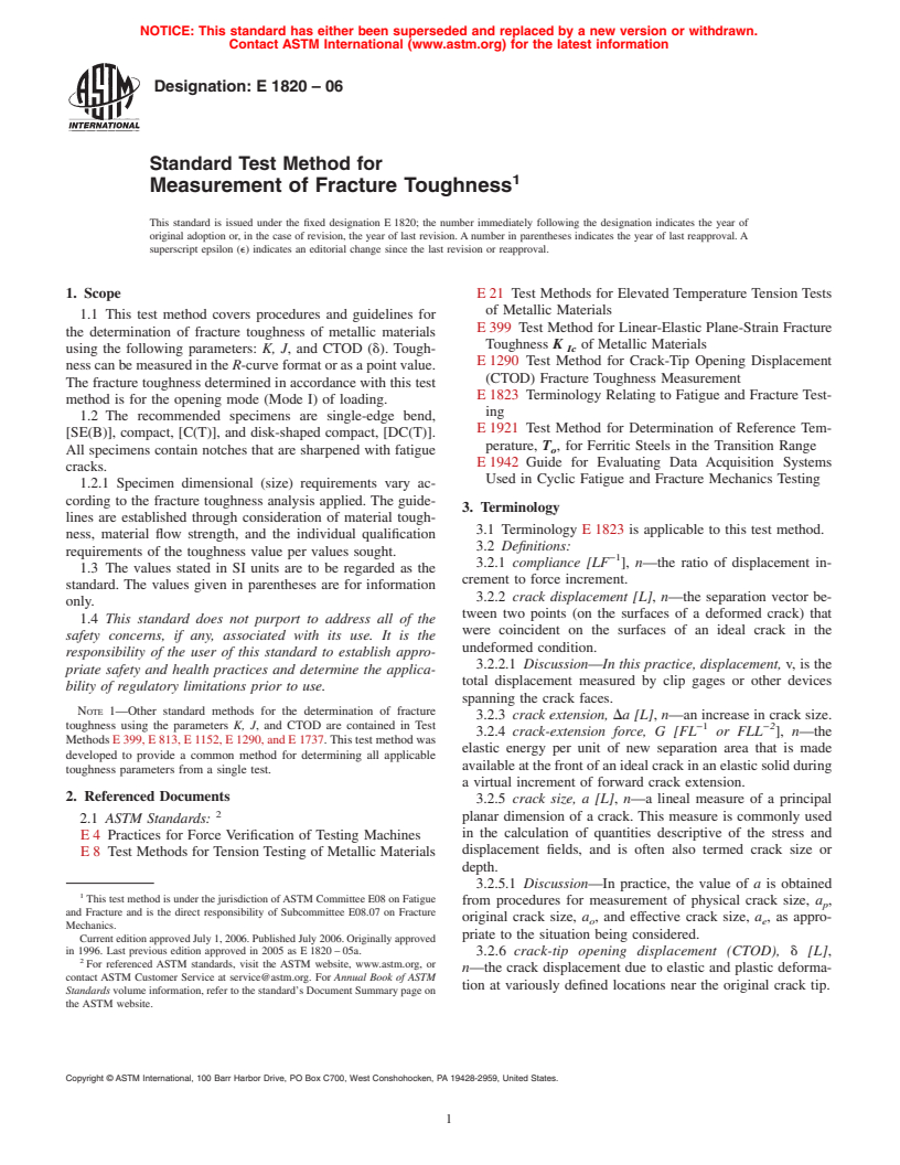 ASTM E1820-06 - Standard Test Method for Measurement of Fracture Toughness