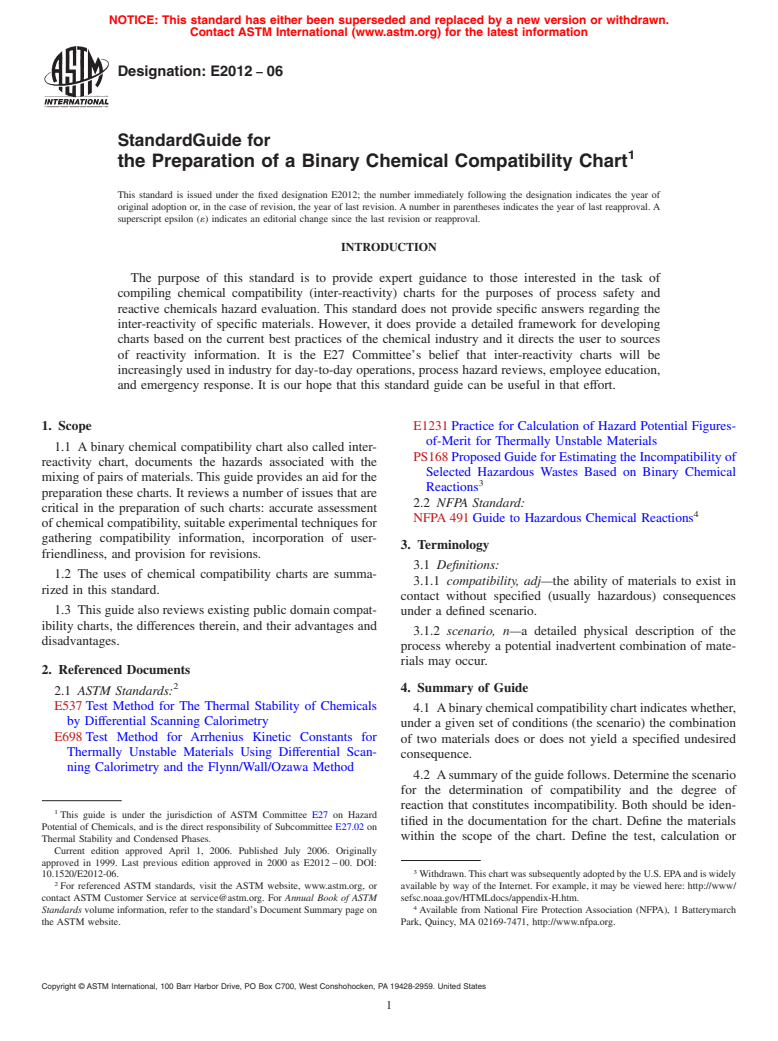 ASTM E2012-06 - Standard Guide for the Preparation of a Binary Chemical Compatibility Chart