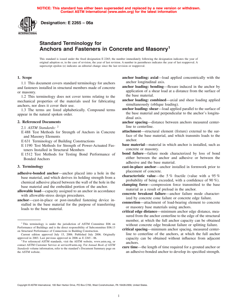 ASTM E2265-06a - Standard Terminology for Anchors and Fasteners in Concrete and Masonry