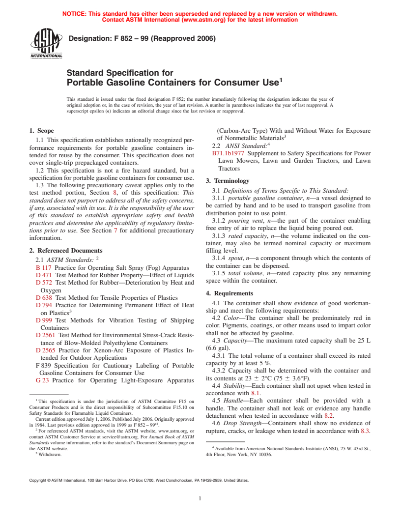 ASTM F852-99(2006) - Standard Specification for Portable Gasoline Containers for Consumer Use