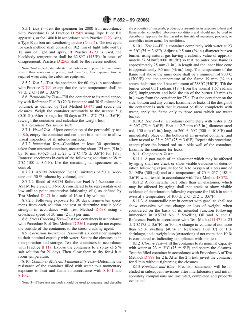 ASTM F852-99(2006) - Standard Specification for Portable Gasoline Containers for Consumer Use