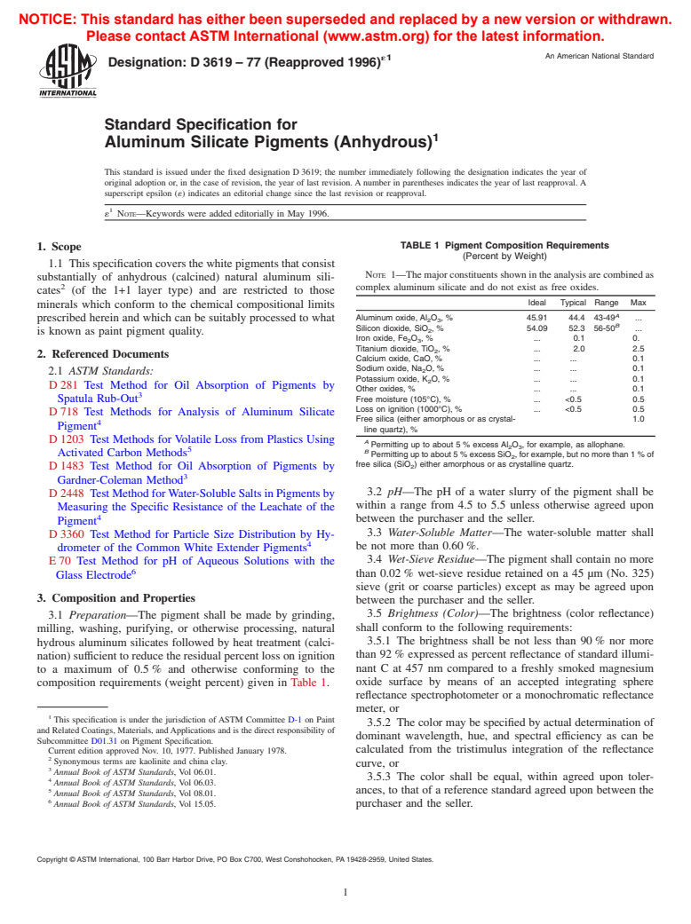 ASTM D3619-77(1996)e1 - Standard Specification for Aluminum Silicate Pigments (Anhydrous) (Withdrawn 2004)