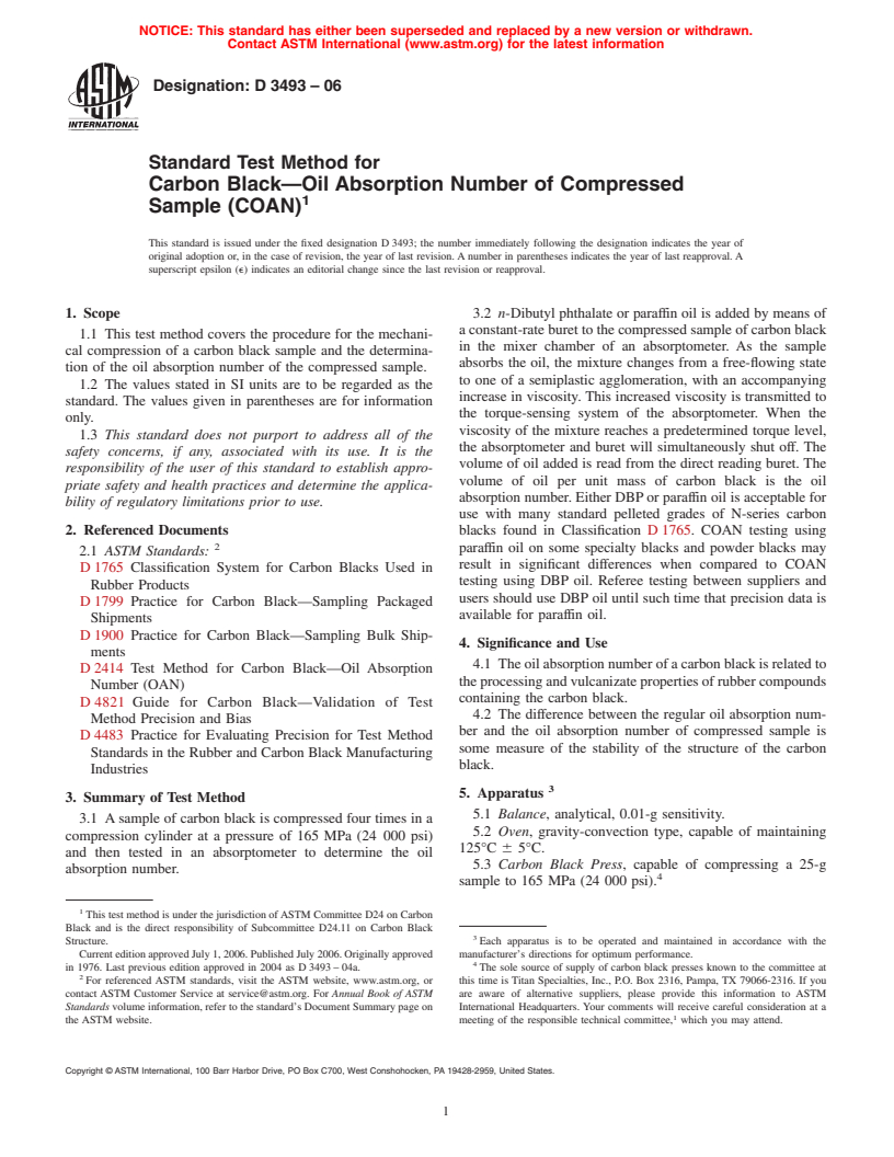 ASTM D3493-06 - Standard Test Method for Carbon Black-Oil Absorption Number of Compressed Sample (COAN)