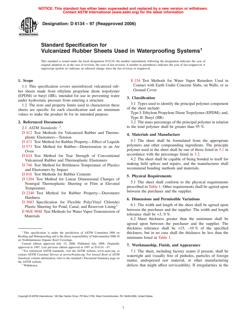 ASTM D6134-97(2006) - Standard Specification for Vulcanized Rubber Sheets Used in Waterproofing Systems