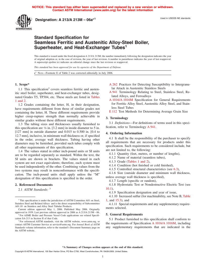 ASTM A213/A213M-06ae1 - Standard Specification for Seamless Ferritic and Austenitic Alloy-Steel Boiler, Superheater, and Heat-Exchanger Tubes