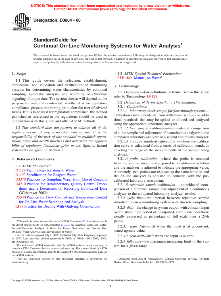 ASTM D3864-06 - Standard Guide for Continual On-Line Monitoring Systems for Water Analysis