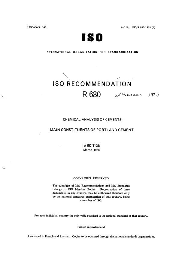 ISO/R 680:1968 - Withdrawal of ISO/R 680-1968
