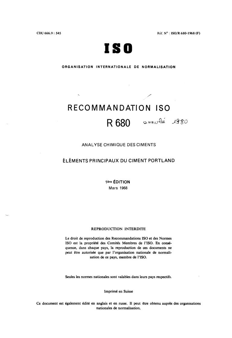 ISO/R 680:1968 - Withdrawal of ISO/R 680-1968
Released:3/1/1968